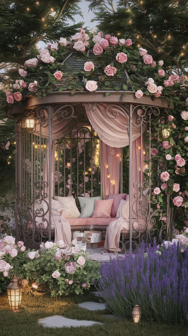 An enchanting and whimsical Romantic Garden Pavilion nestled in a flower-filled garden. The pavilion is crafted from wrought iron with delicate scrollwork and a climbing rose-covered roof. Soft, draped fabrics and plush cushions in pastel colors create an intimate seating area. The surrounding landscape is overflowing with roses, lavender, and other fragrant flowers