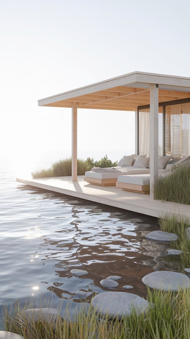 A relaxing and airy Lakeside/Poolside Pavilion overlooking a tranquil lake. The pavilion is built from light wood with an open, airy design and a flat roof. Comfortable lounge chairs and daybeds are arranged facing the water. A seamless transition to a wooden deck extending towards the lake. The surrounding landscape is minimalist with natural grasses and smooth stones