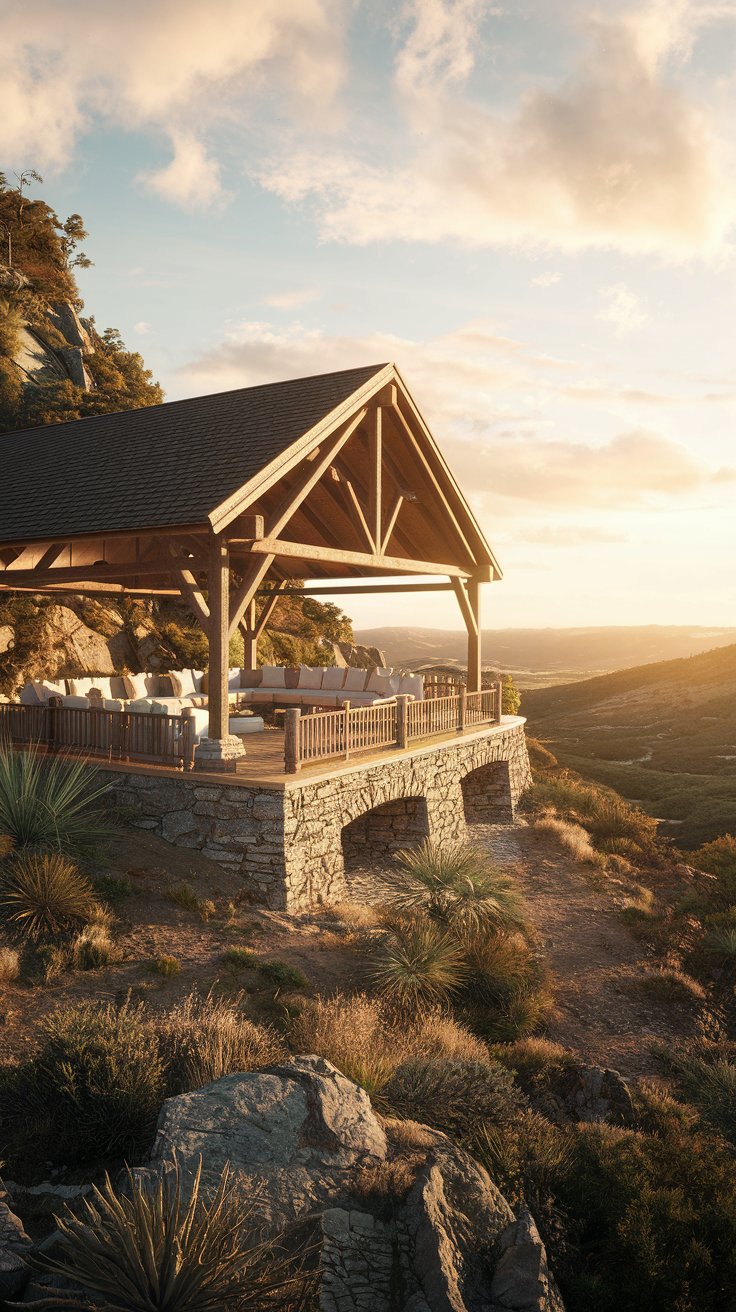 A dramatic and panoramic Elevated View Pavilion perched on a hillside overlooking a valley. The pavilion is built on a stone platform, featuring a sturdy wooden structure with a wide, open front and a pitched roof. Comfortable seating is arranged to maximize the panoramic views. The surrounding landscape is natural and rugged, with native plants and exposed rock. Golden hour sunlight illuminates the pavilion and the expansive view, creating a sense of awe and wonder.