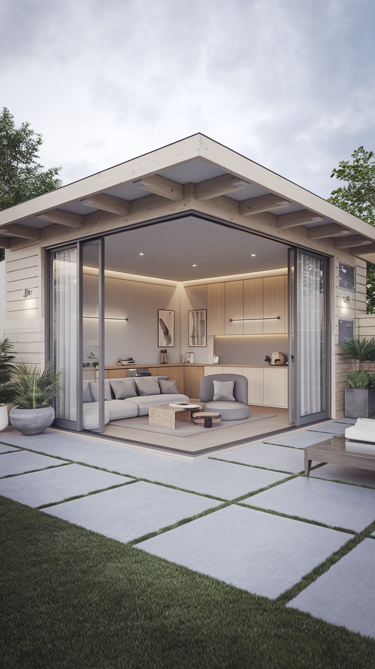 A versatile and adaptable Multi-Functional Pavilion in a modern backyard. The pavilion is built from light wood and glass with sliding doors that can fully open or close the space. Inside, convertible furniture transforms the space from a lounge area to a workspace to a yoga studio. Minimalist landscaping with potted plants and clean lines surrounds the pavilion.