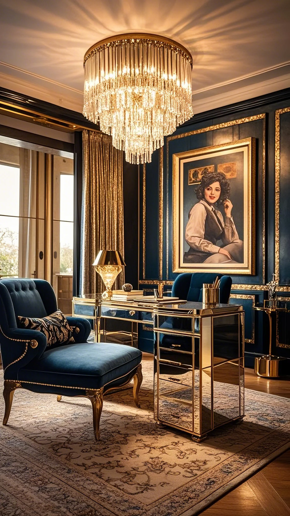 A glamorous Hollywood-style home office, mirrored furniture, velvet chaise lounge, chandelier, metallic accents (gold or silver), plush rug, dramatic and elegant, art deco luxury, soft glamorous lighting, humorous, empathetic, luxury home office