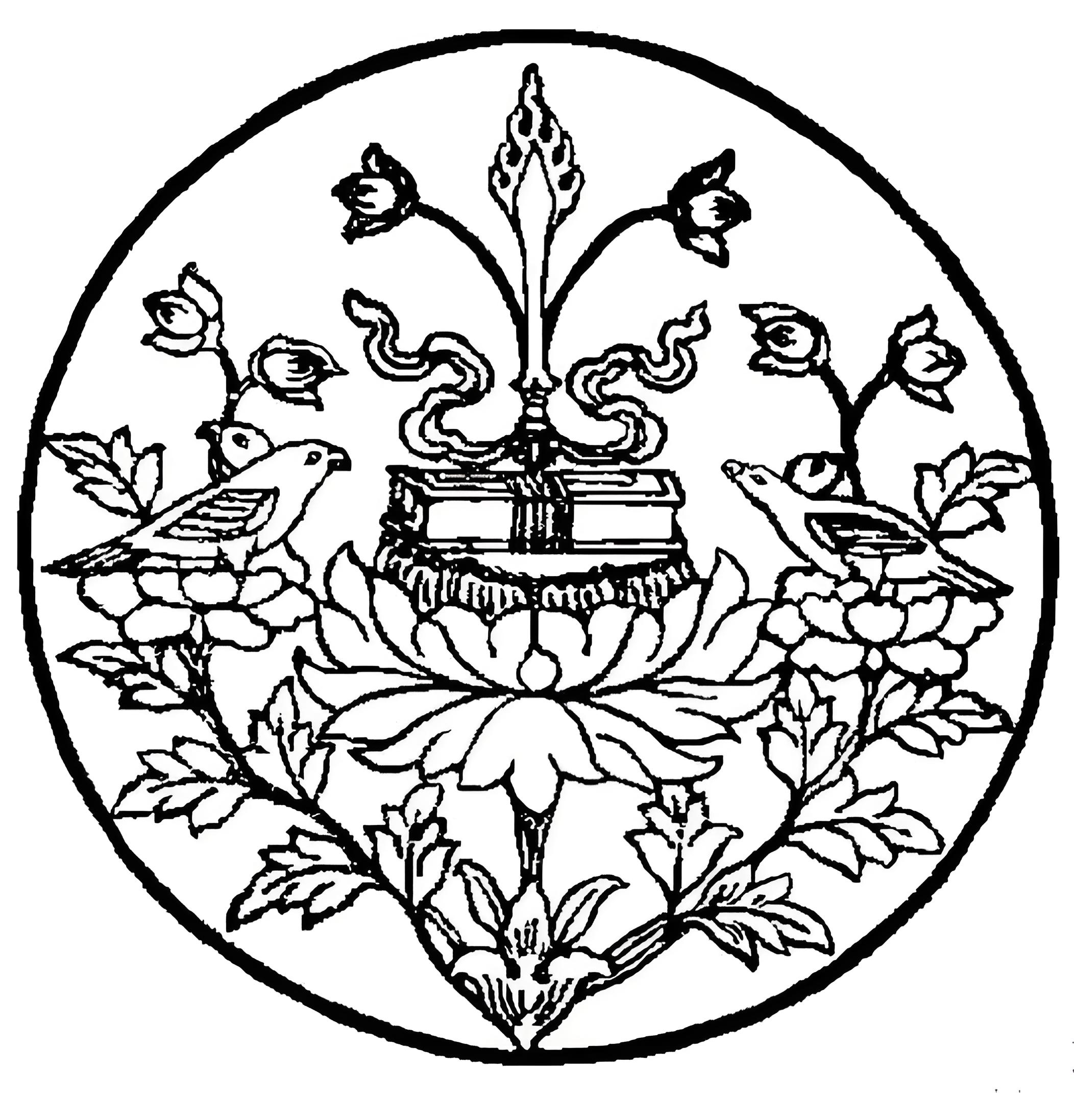 师君三尊，画中的剑代表文殊菩萨和赤松德赞，经函代表金刚手菩萨，中央莲花代表观音菩萨和轨范师莲花生，双头黄鸭代表亲教师寂护，双头鹦鹉代表译师。