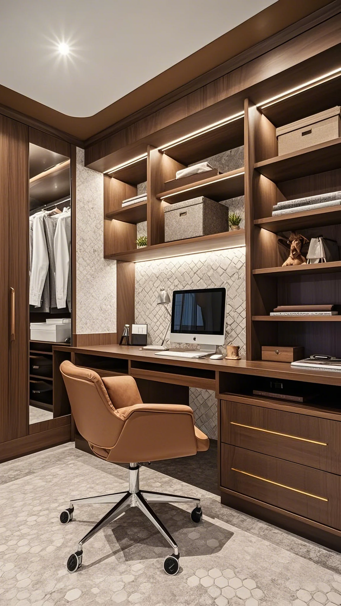 A luxurious and surprisingly spacious home office built inside a walk-in closet, custom built-in desk and shelves, comfortable chair that fits perfectly, good lighting, wallpaper with a subtle pattern, organized and efficient, hidden gem luxury, warm and cozy lighting, humorous, empathetic, luxury home office.