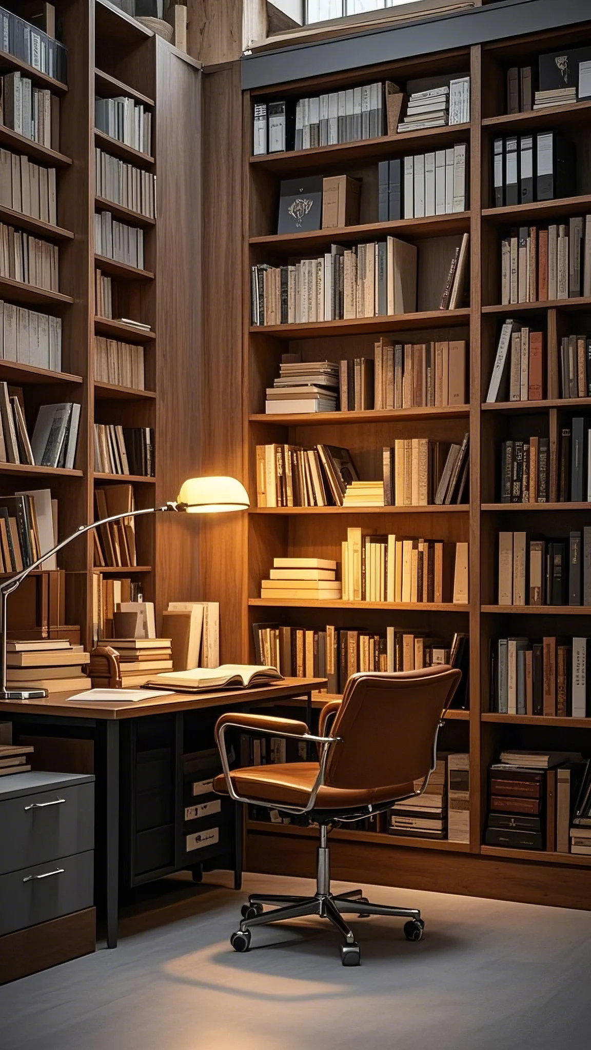 office cubicle, overflowing bookshelves, comfortable reading chair, warm reading lamp, inviting and intellectual atmosphere