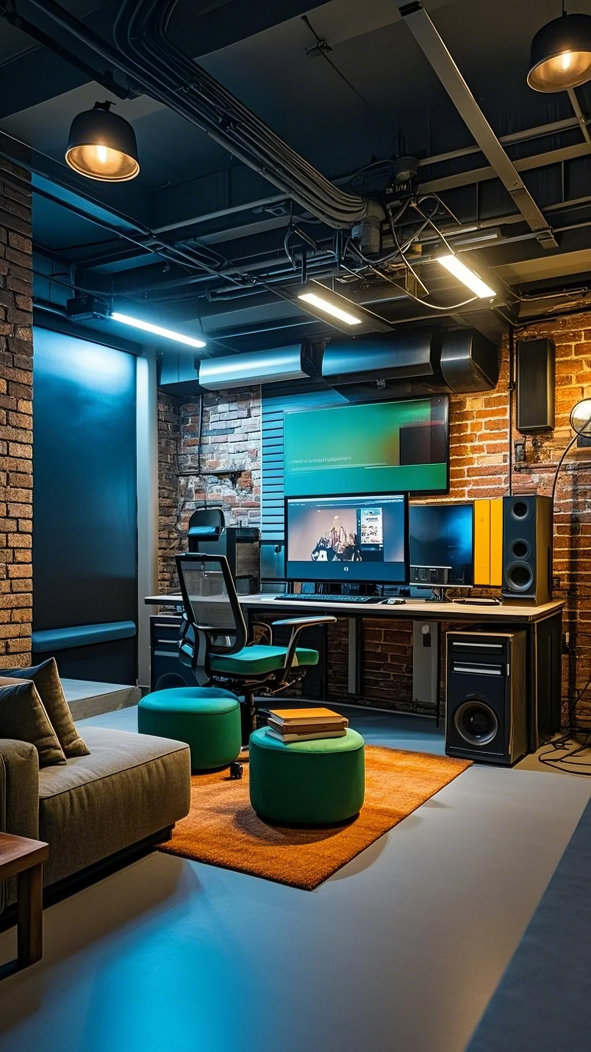 A cool and modern basement home office, exposed brick walls, industrial lighting, comfortable sofa, large screen monitor, soundproofing panels on the walls, edgy and private, urban industrial luxury, cool and focused lighting, humorous, empathetic, luxury home office.