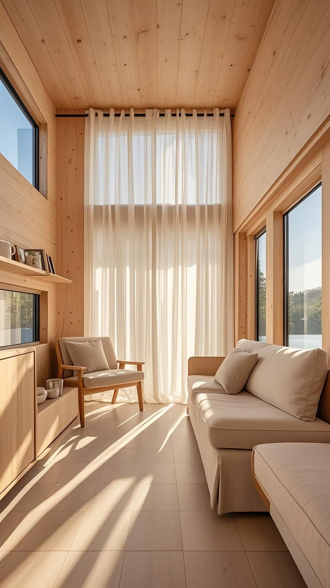 A bright and airy tiny home living room with large windows letting in lots of natural sunlight.