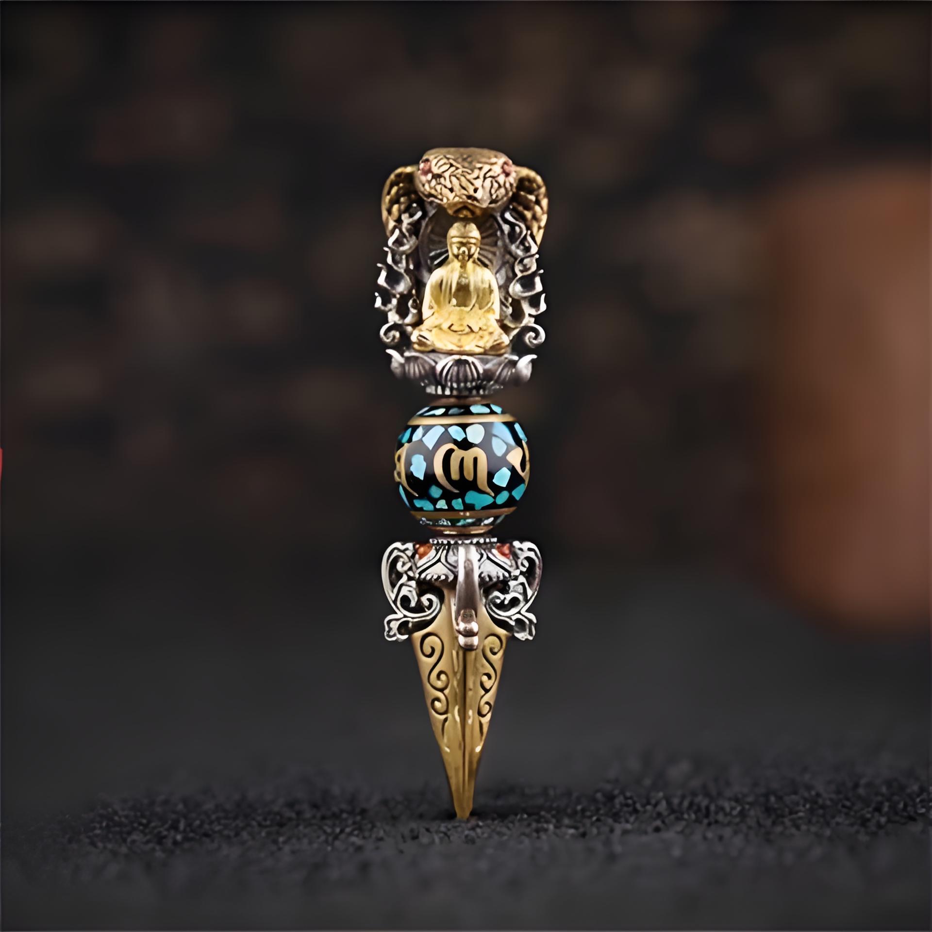 Tibetan Shakyamuni Six-Syllable Mantra Rotating Dzi Bead Vajra Pendant