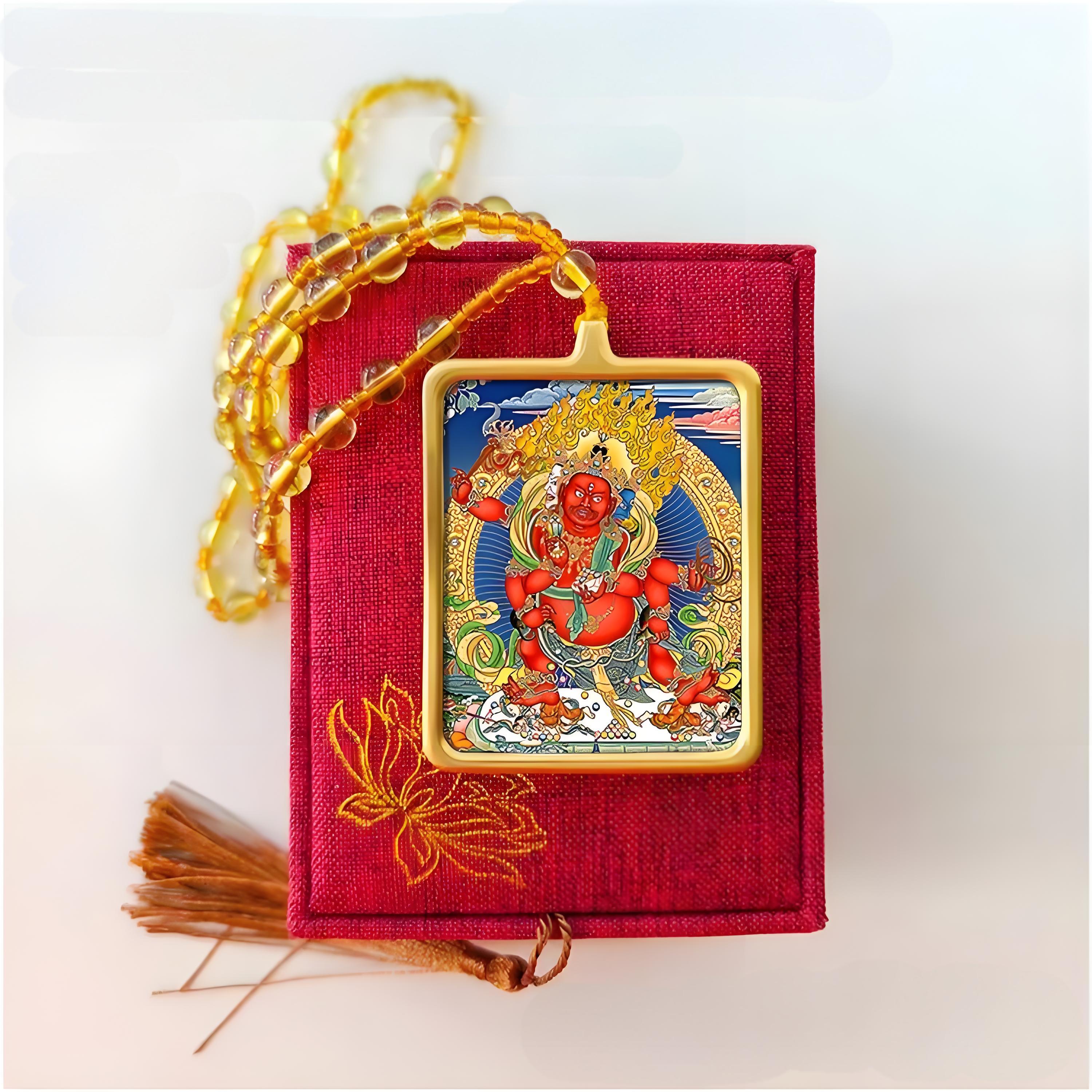 Hand-painted Red Dzambhala Thangka | Tibetan Thangka Amulet Necklace
