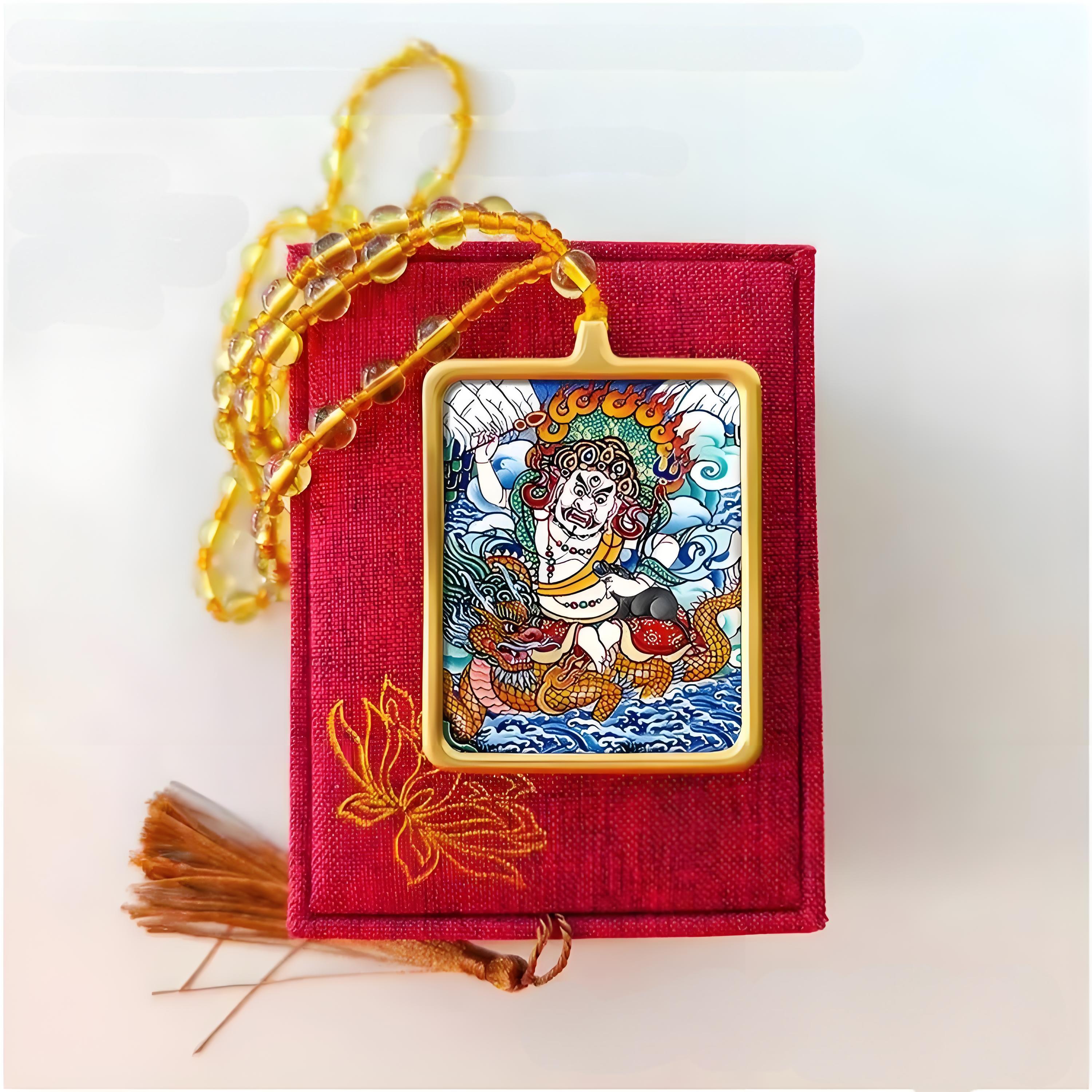 White Dzambhala Thangka Necklace – Hand-Painted Tibetan Amulet for Wealth & Compassion