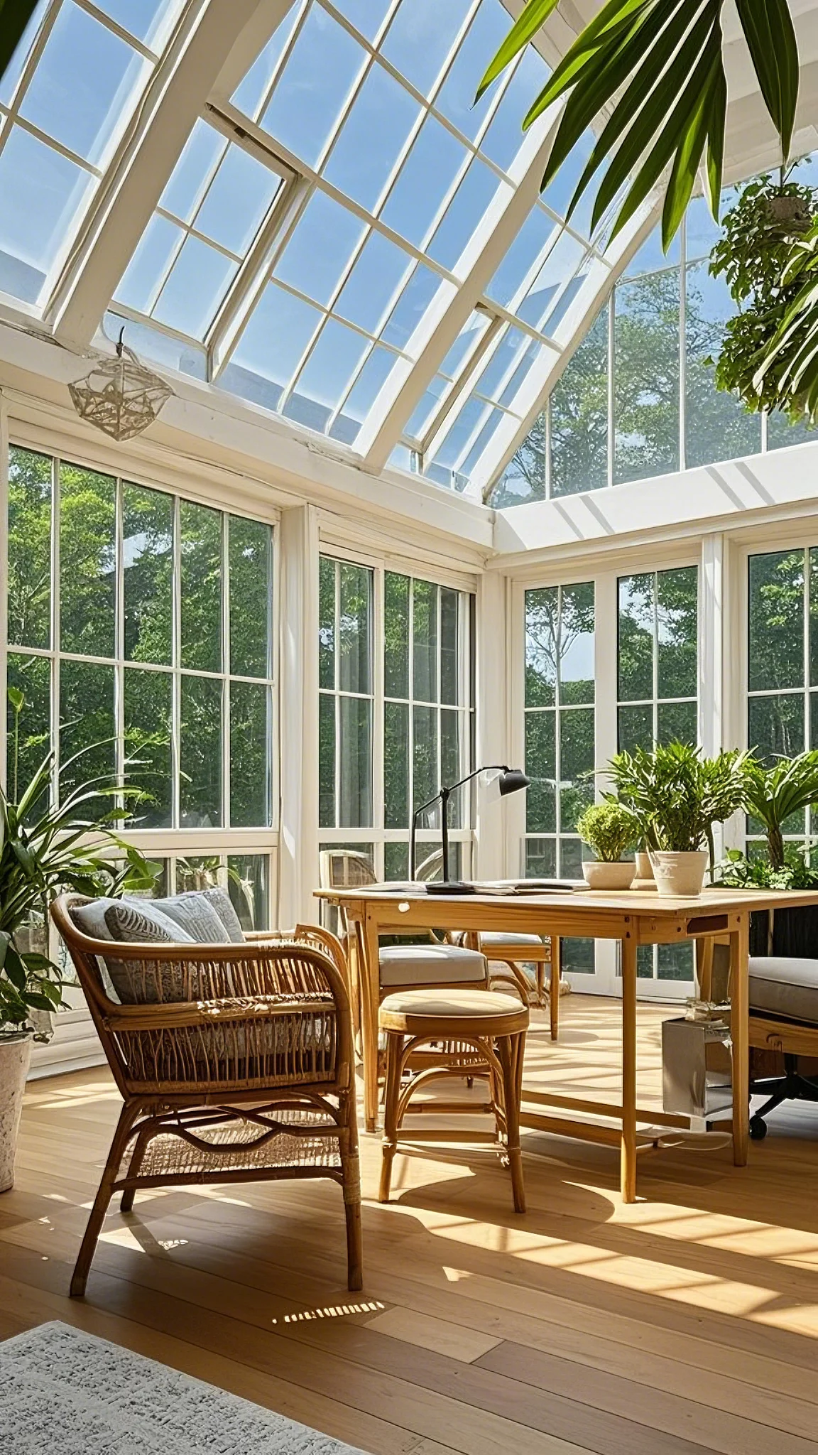 A bright and airy sunroom converted into a home office, glass walls and ceiling, lots of natural light, wicker furniture, light and breezy fabrics, potted plants, outdoor-indoor feel, fresh and rejuvenating, conservatory luxury, bright and cheerful lighting, humorous, empathetic, luxury home office.