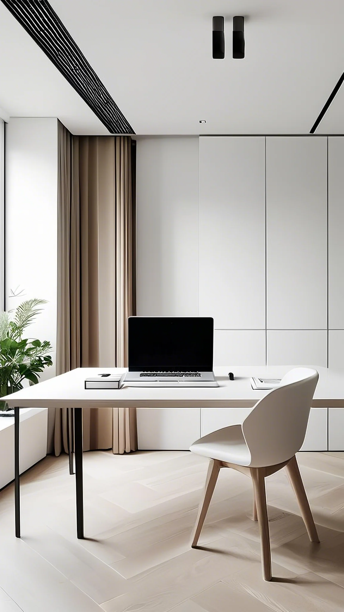 An ultra-minimalist home office, completely white walls and furniture, a single sleek desk with a laptop, hidden storage, no clutter, very clean and organized, modern minimalist luxury, bright natural light, humorous, empathetic, luxury home office