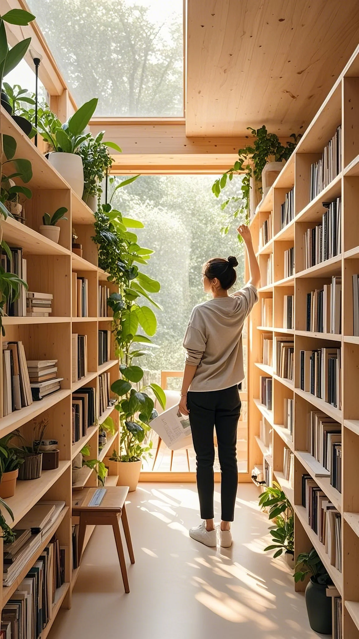 A stylish, modern tiny home interior with floor-to-ceiling bookshelves filled with books and plants
