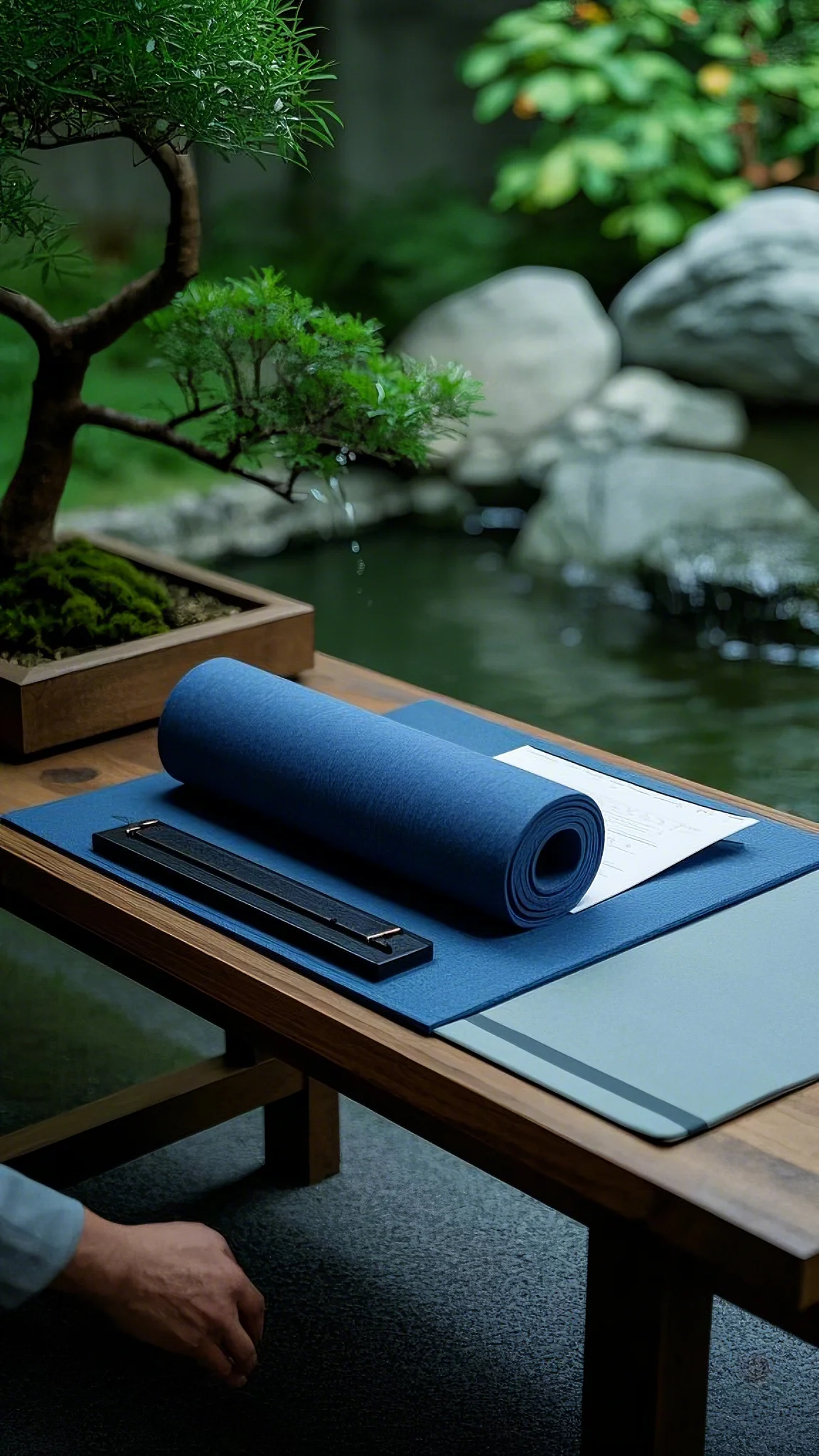 A minimalist, serene home office, natural wood desk, yoga mat rolled out in the corner, calming water feature, bonsai tree, neutral color palette, zen and peaceful atmosphere, Japanese-inspired luxury, soft natural lighting, humorous, empathetic, luxury home office