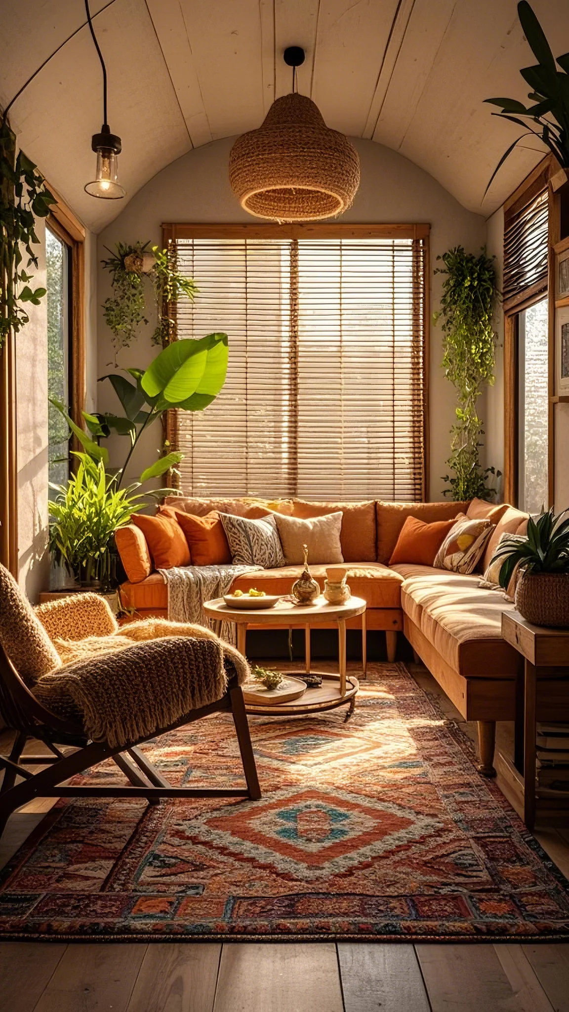 A cozy living room in a tiny home with a large area rug that extends under the sofa and chairs, defining the space.