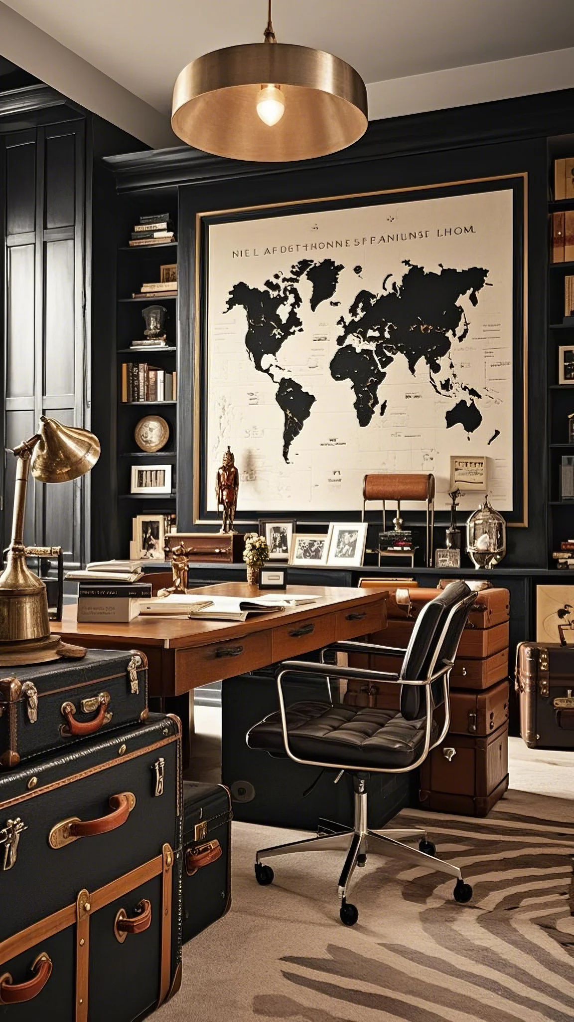 A home office inspired by travel, world map on the wall, vintage suitcases used for storage, souvenirs and travel photos displayed, eclectic mix of furniture styles, warm and adventurous, global explorer luxury, warm inviting lighting, humorous, empathetic, luxury home office.