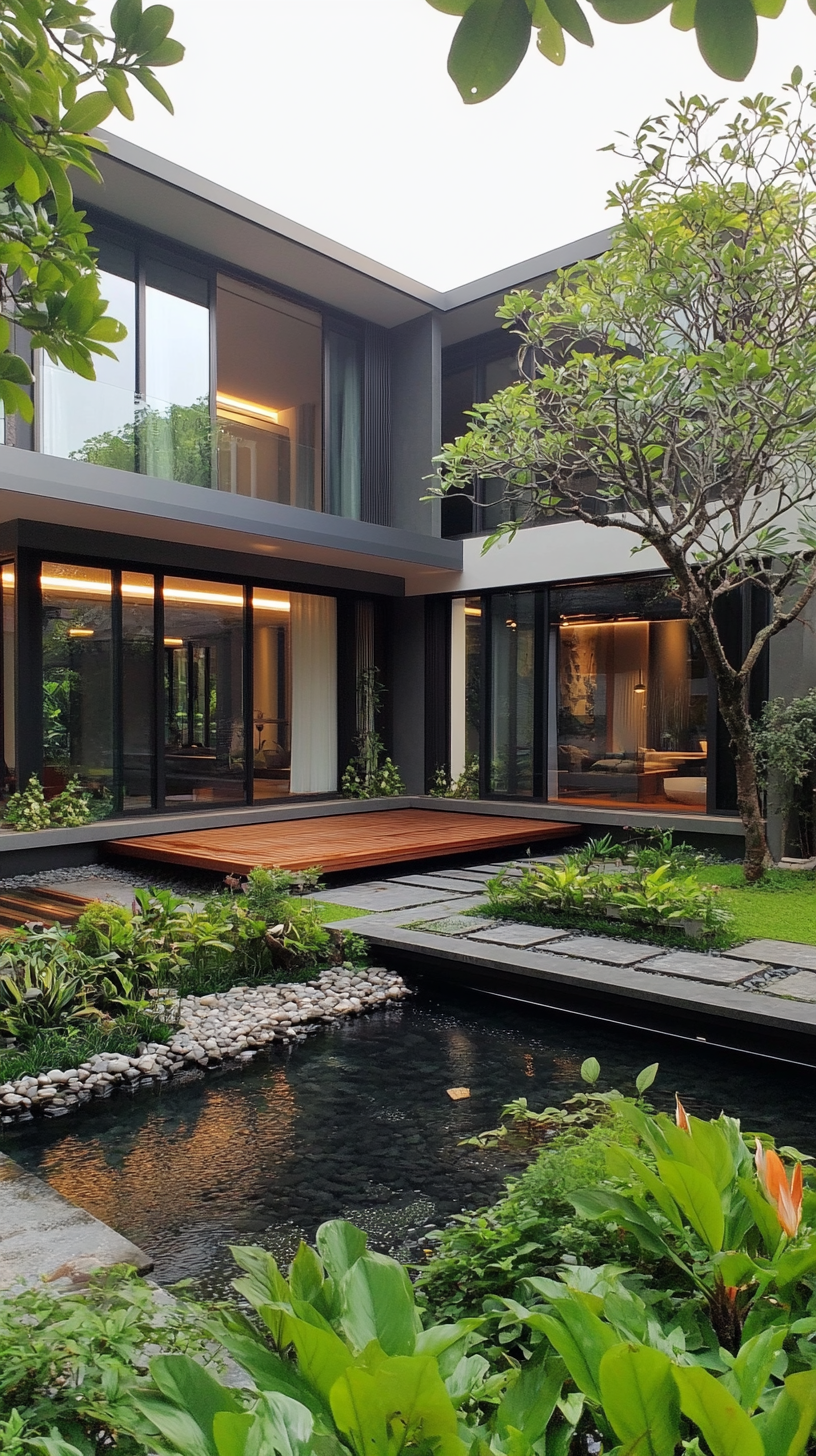 A modern house with a central courtyard, minimalist design, sliding glass doors opening to the courtyard, zen garden, water feature, private and secluded, daytime