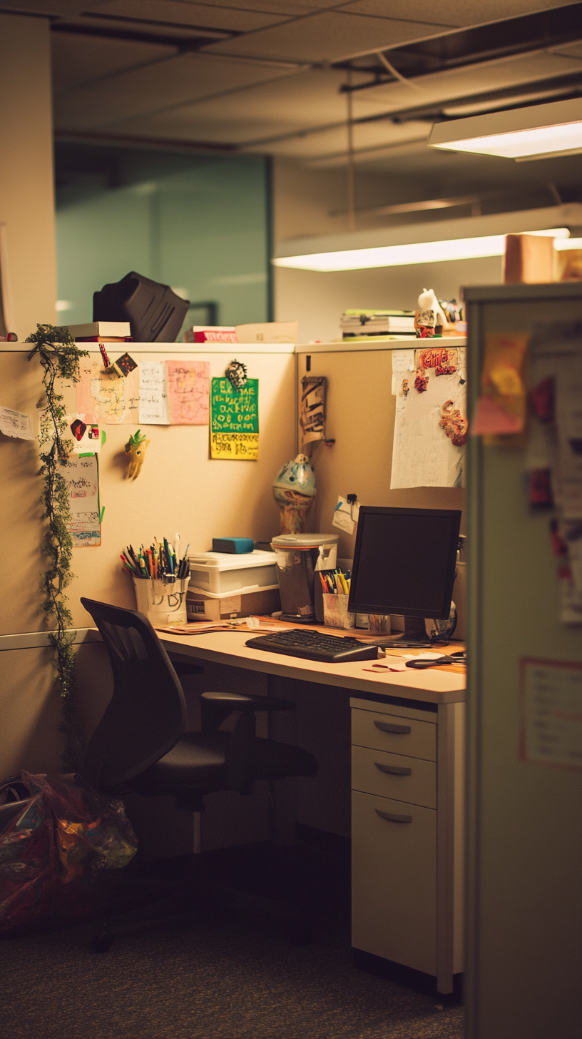 office cubicle, decorated in a deliberately humorous and slightly absurd way, funny signs, quirky items, playful and unconventional