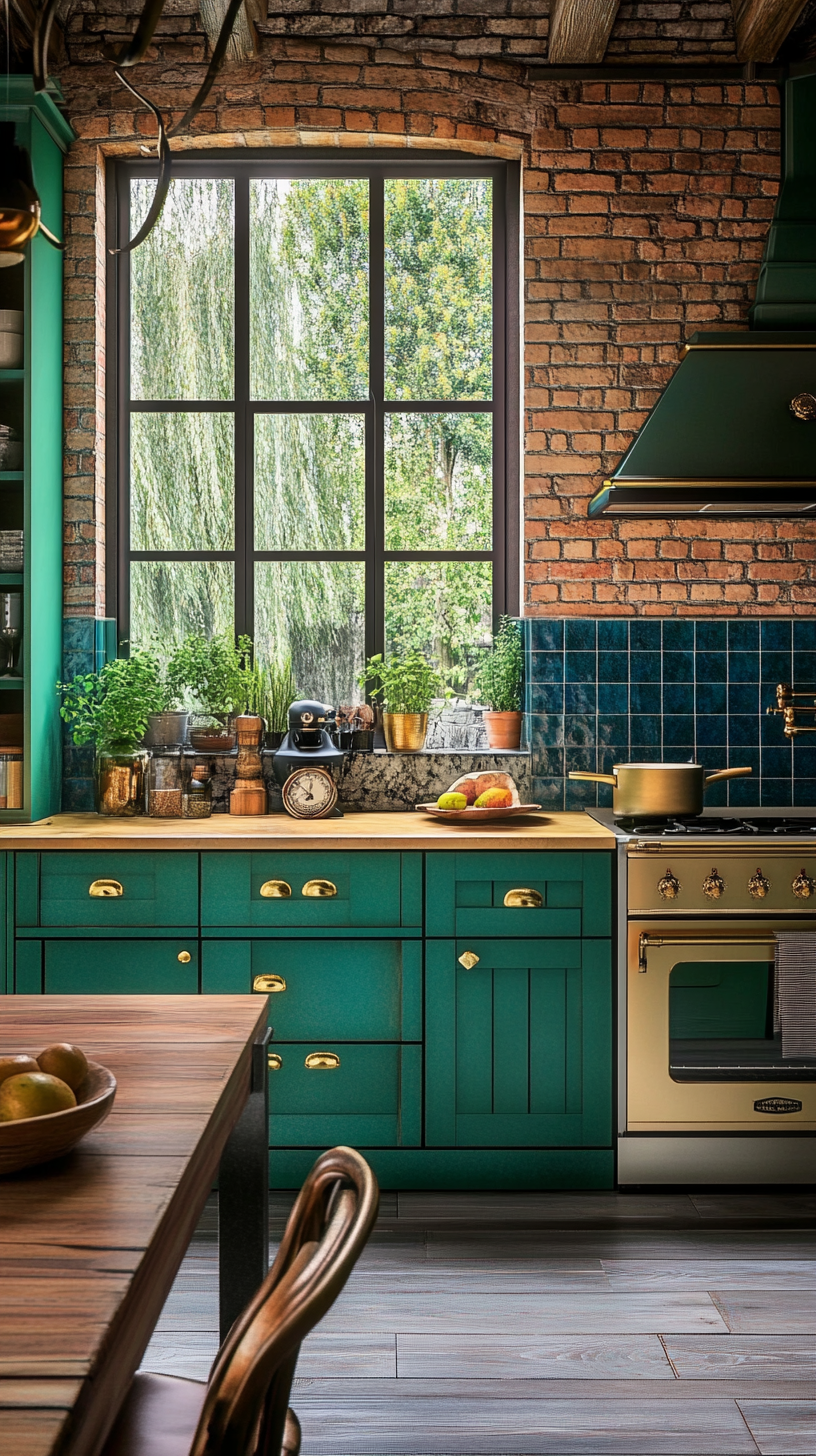 A colorful kitchen with emerald green cabinets, gold handles, and a bright blue backsplash