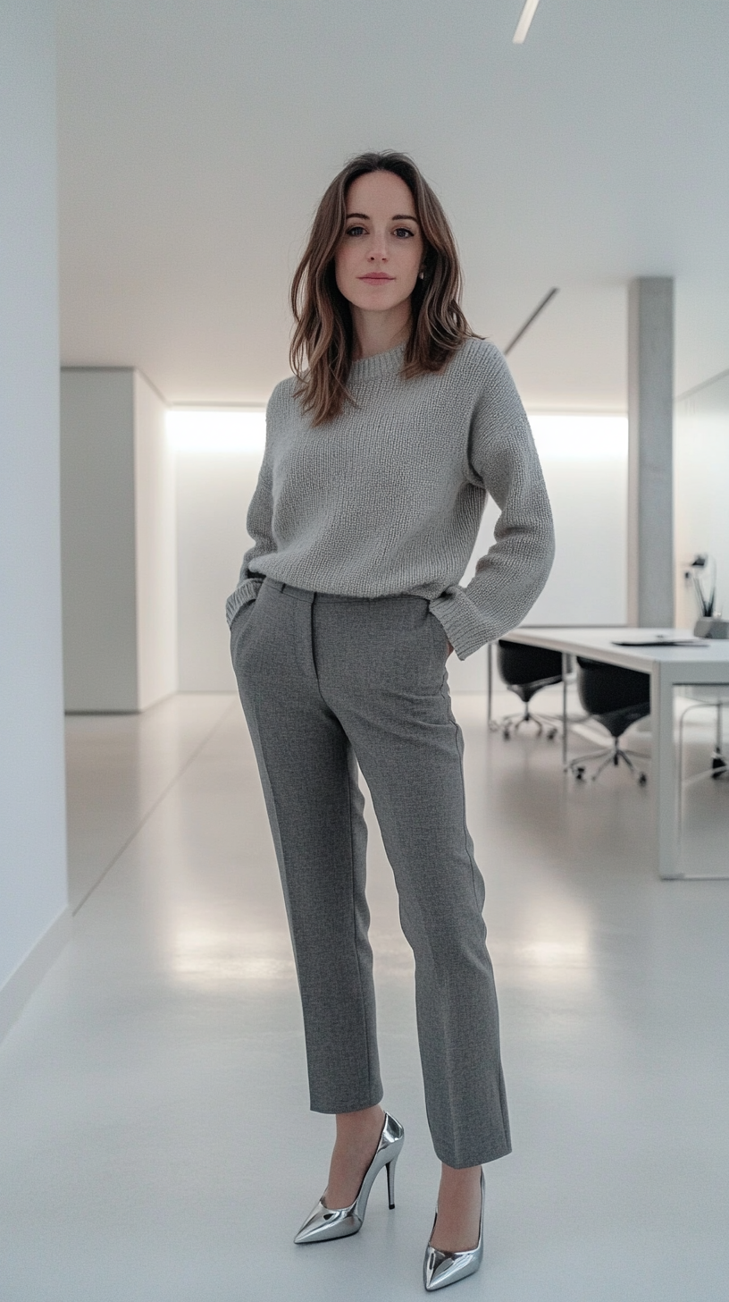 A woman standing in a minimalist office, looking directly at the camera. She's wearing a head-to-toe grey monochromatic outfit โ a light grey knit sweater, charcoal grey trousers, and silver heels.