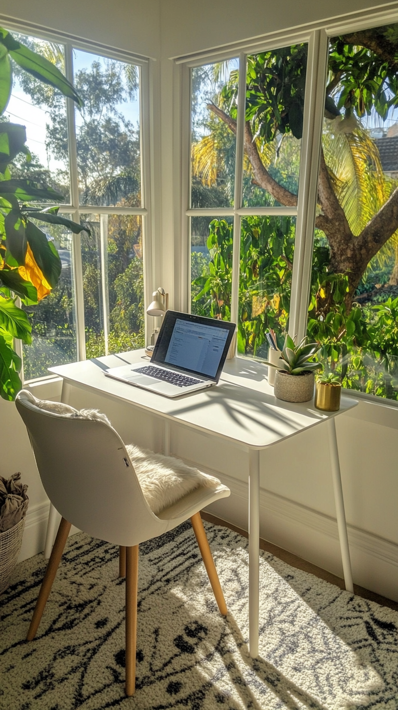 A sun-drenched corner home office, large window overlooking a lush green garden (or a funny view of a cat stuck in a tree if garden view is not possible), minimalist white desk with a sleek laptop, ergonomic chair in pastel color, a small succulent plant on the desk, bright and airy, Scandinavian design, natural light, humorous, empathetic, luxury home office
