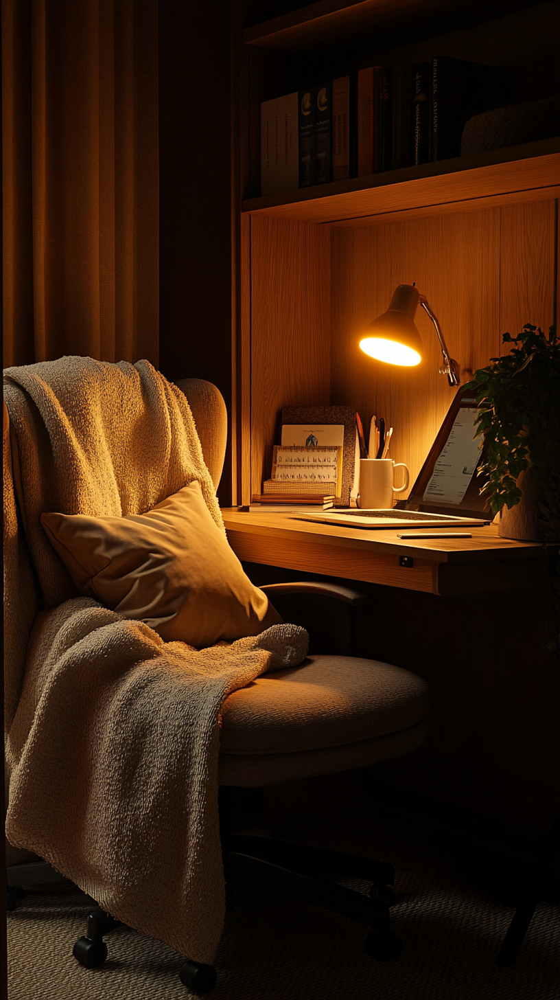 office cubicle, soft blanket draped over chair, warm desk lamp, plush pillow, personal items on desk, inviting atmosphere