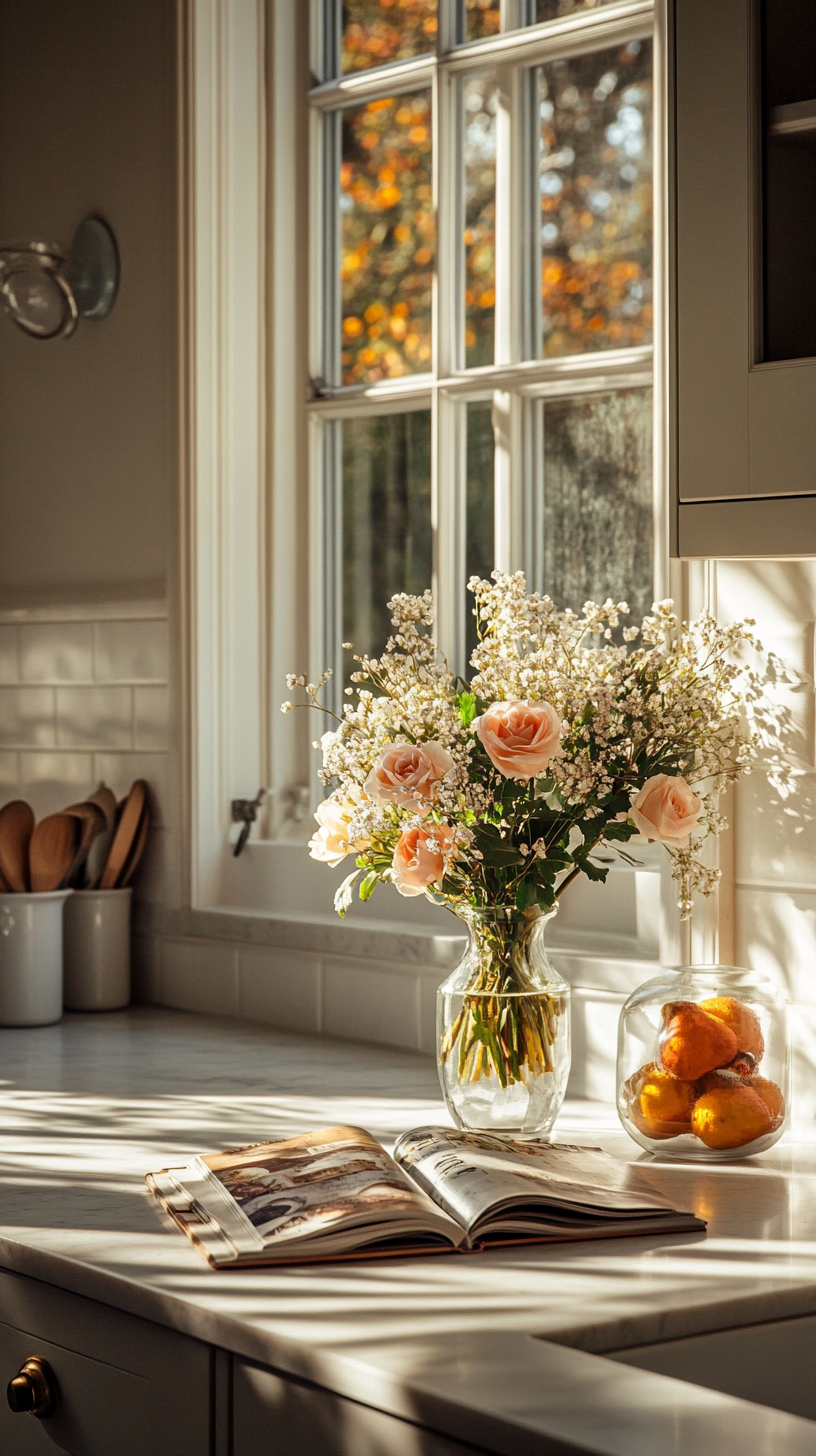 bright and airy kitchen. Focus on a beautifully styled kitchen countertop with natural light streaming in from a window. A vase of fresh flowers and a cookbook are casually placed on the counter.