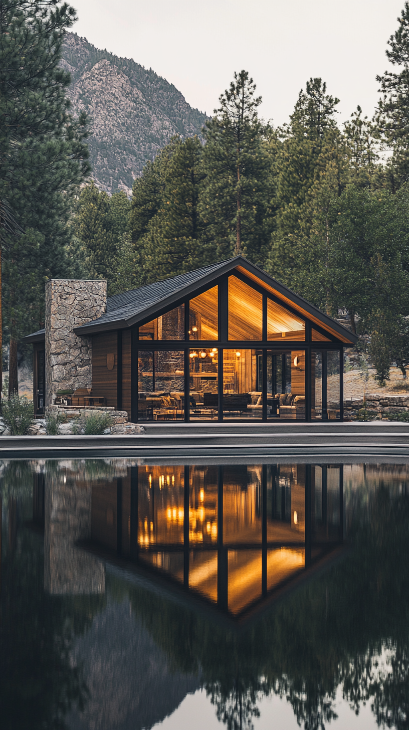 modern rustic cabin exterior, clean lines, large panoramic windows reflecting a mountain lake, wood and stone facade, minimalist design, natural light flooding interior