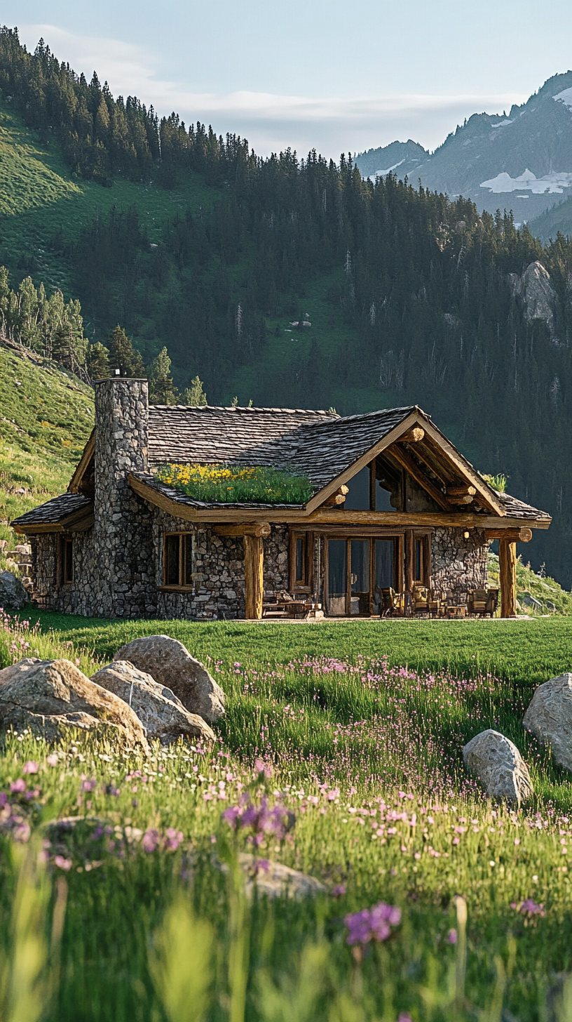 stone and wood rustic cabin exterior, built into a hillside, natural stone walls, heavy timber framing, green roof blending with landscape