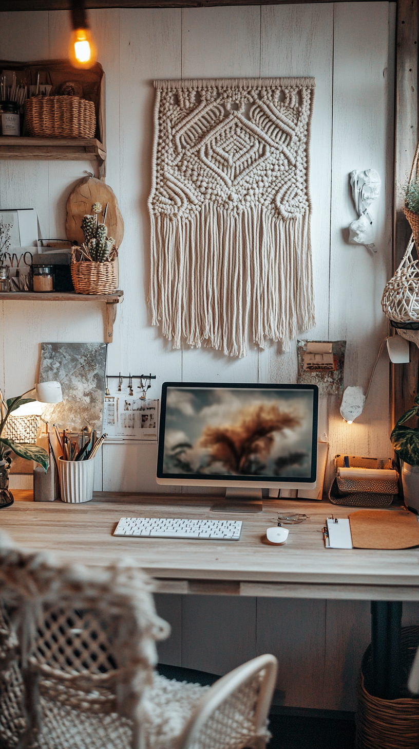 office cubicle, macrame wall hanging, earthy color scheme, mix of textures, vintage-style desk accessories, unique artwork