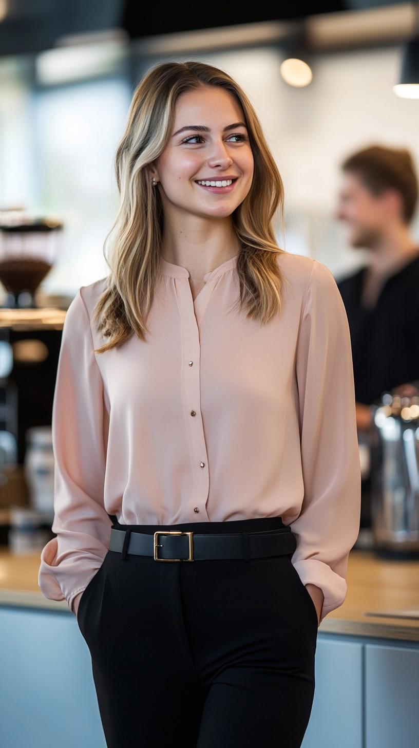 A woman smiling slightly, standing in a bright office kitchen area. She's wearing a flowy blush-colored blouse tucked into black trousers, cinched at the waist with a wide black belt.