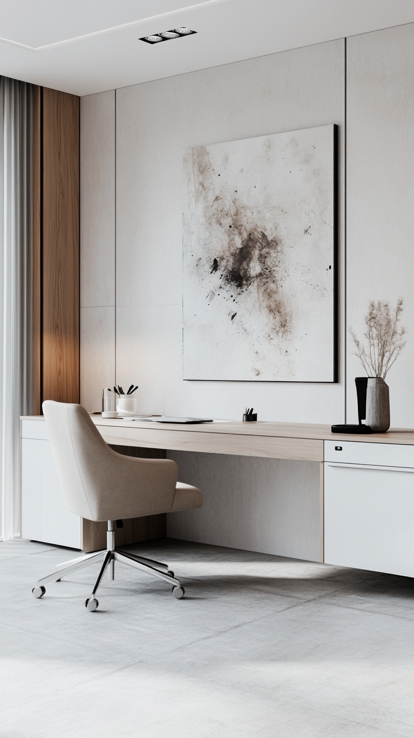 a modern masculine minimalist office. White walls, light gray concrete floor. Sleek light wood floating desk mounted to the wall, facing forward. Ergonomic light gray office chair. Integrated white storage cabinets, flush with the wall. Minimalist abstract art piece on the wall