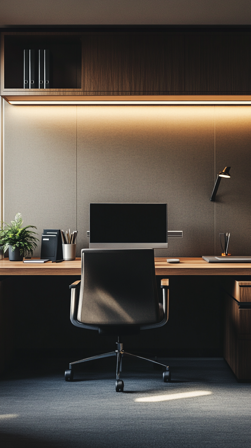 office cubicle, very clean and organized desk, minimal decor, neutral color palette, functional desk accessories