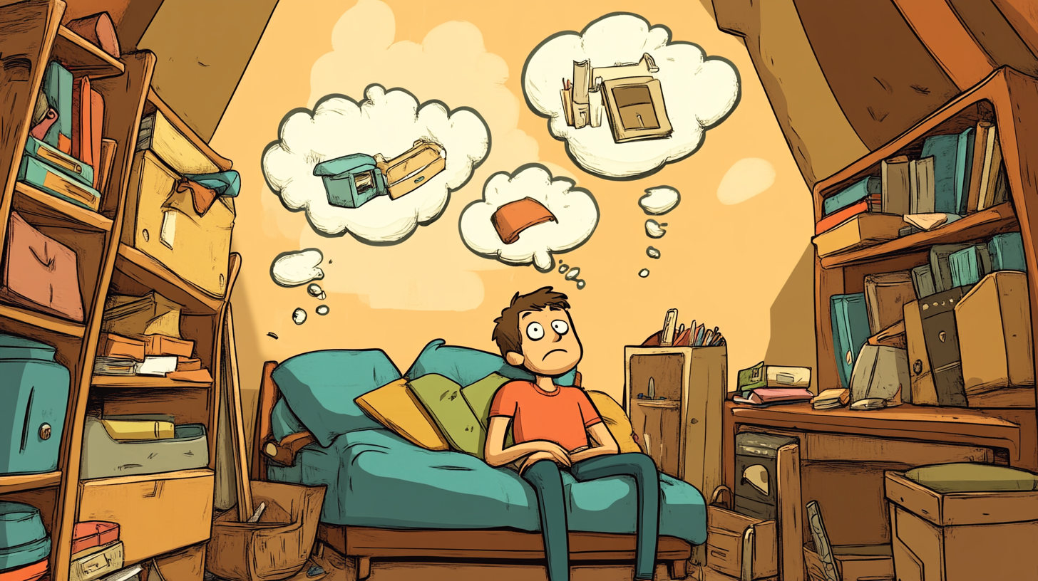 Humorous cartoon of a person looking overwhelmed and cramped in a tiny room overflowing with furniture, with thought bubbles showing spacious, airy rooms