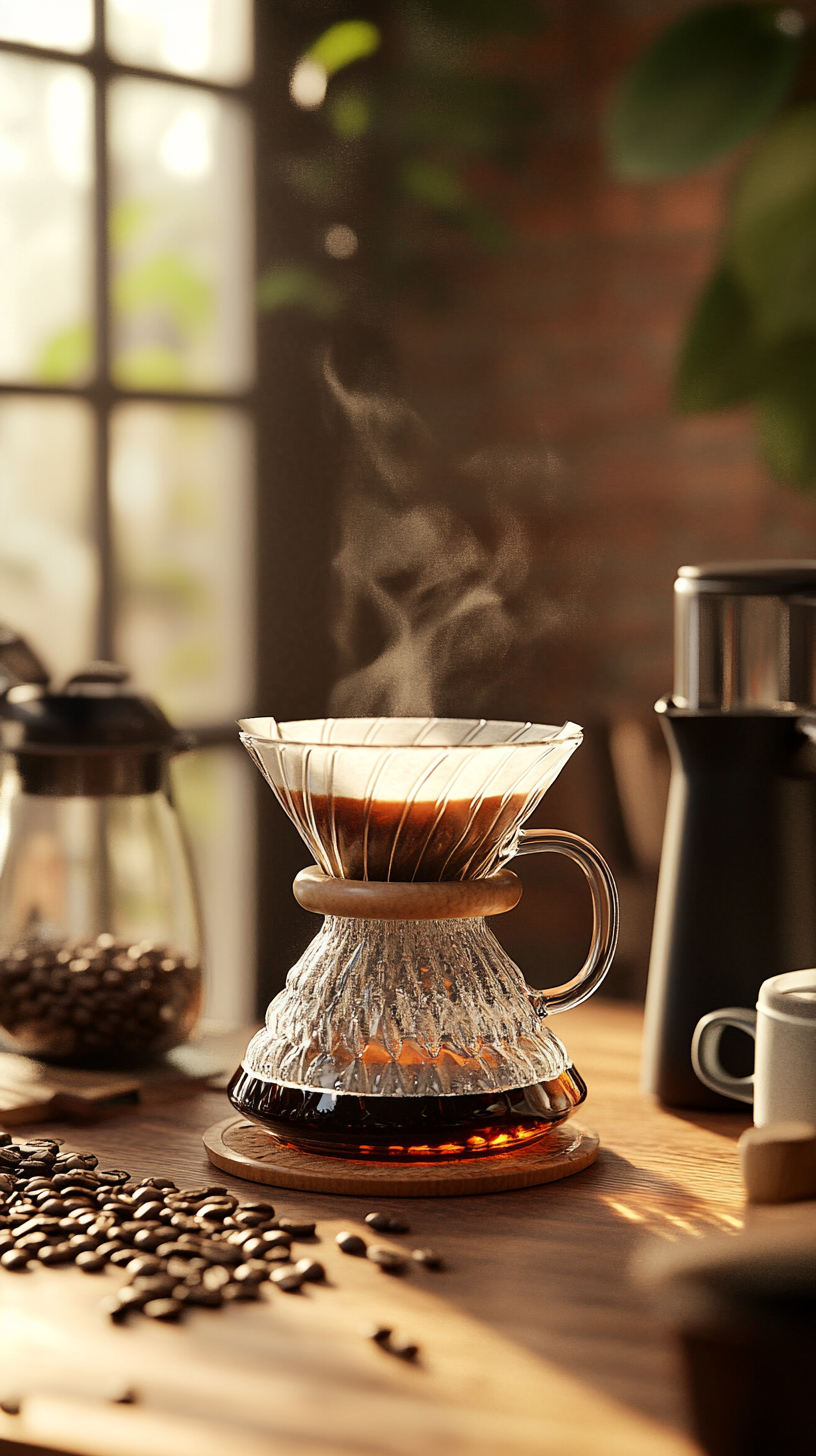 pour over coffee brewing in a glass dripper, hot water blooming coffee grounds, concentric circles of coffee bloom