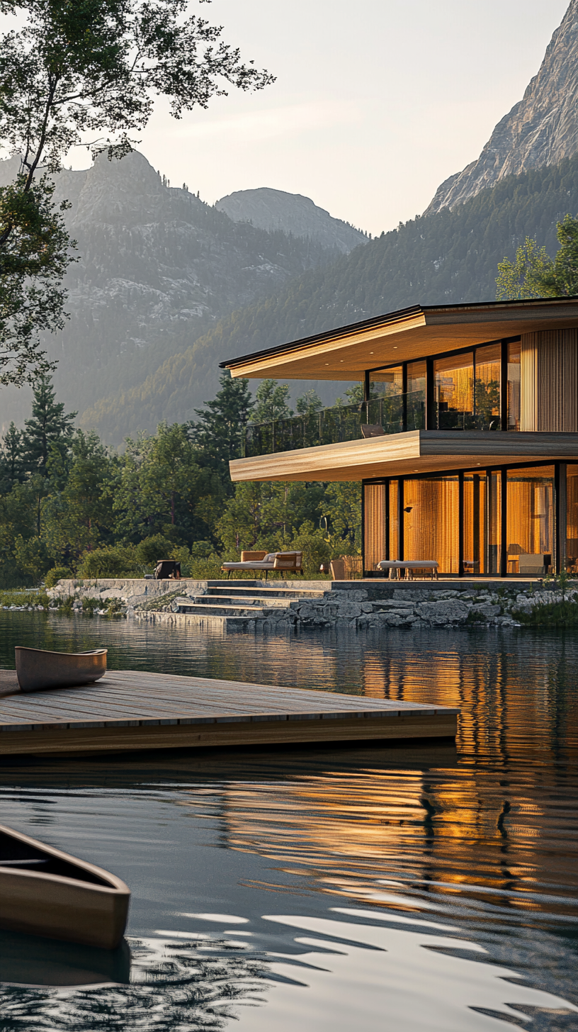 A modern lakeside house with large windows overlooking a calm lake, wooden dock, canoe, natural light