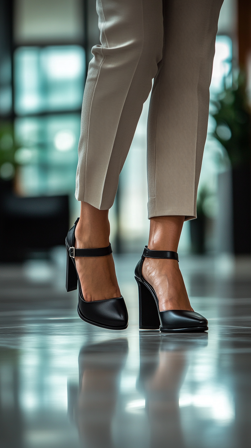 A woman's feet walking confidently on polished office floors. She's wearing comfortable black block heels with ankle straps