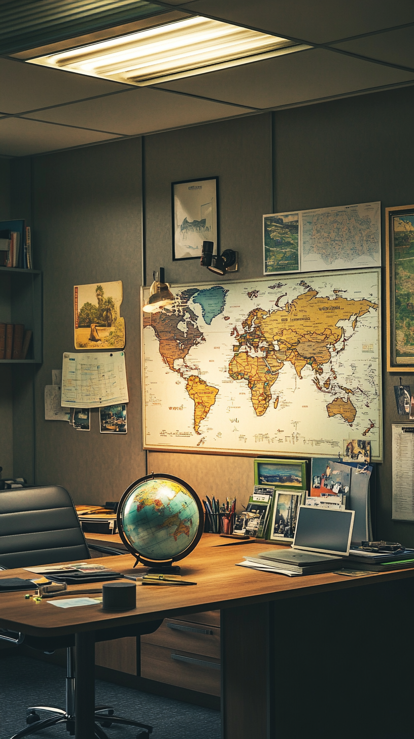 office cubicle, world map on wall, globe on desk, travel photos, souvenirs from different countries, adventurous feel