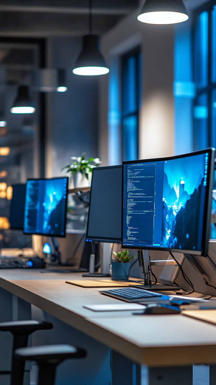 office cubicle, multiple monitors, LED strip lights, organized cables, modern tech gadgets, clean and efficient