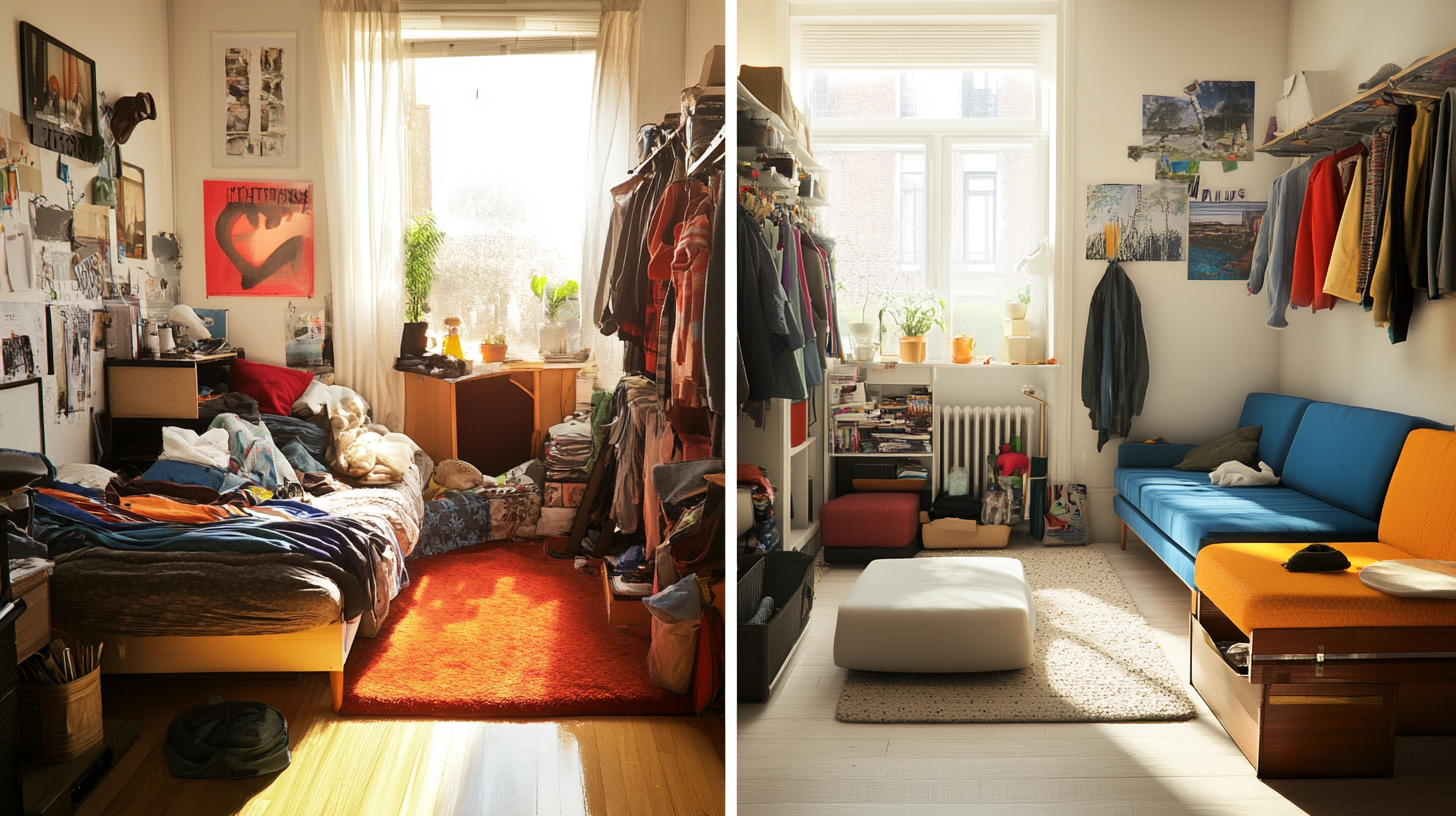 A split image: on one side, a cluttered tiny room with lots of single-purpose furniture; on the other side, a clean, organized tiny room with multi-functional furniture