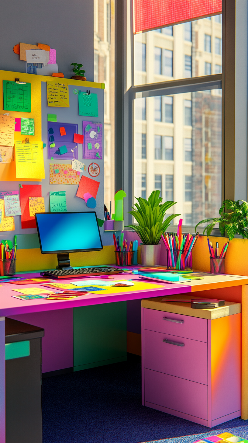 office cubicle, vibrant and bold color scheme, fun patterns, colorful desk accessories, energetic and cheerful atmosphere