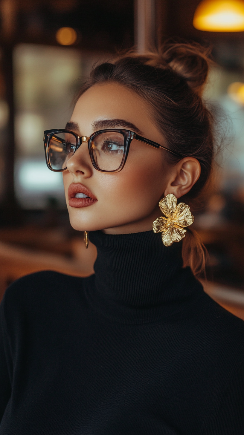 a woman's face and upper body in an office setting. She's wearing a simple black turtleneck, but the focus is on her bold gold statement earrings and stylish glasses.