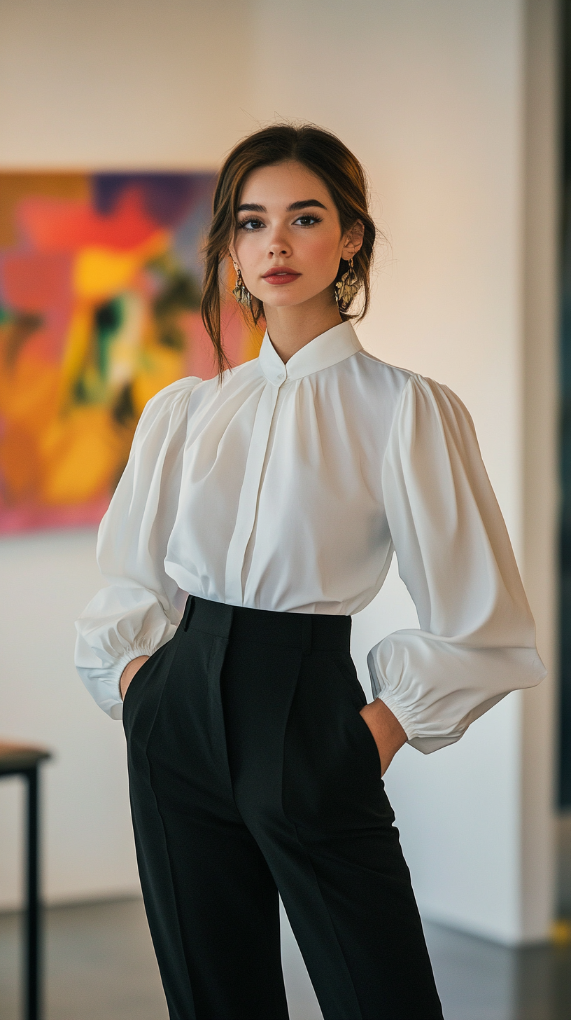 a woman from the waist up, in a brightly lit office. She's wearing a white blouse with dramatic puff sleeves, paired with simple black trousers
