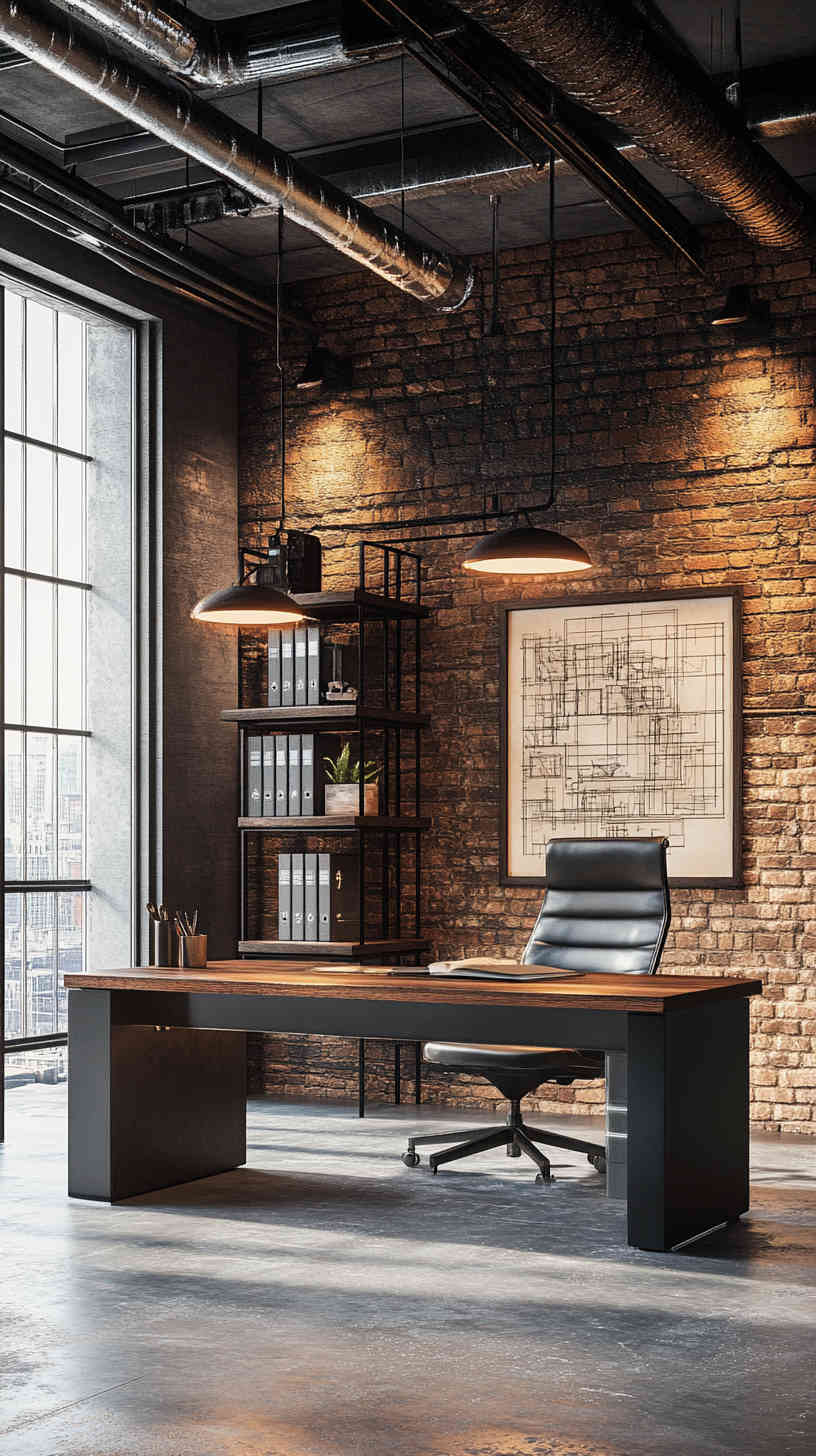a modern masculine industrial office. Exposed brick wall background, concrete floor, visible metal ductwork on the ceiling. Large dark wood desk with metal legs in the center, facing forward. A black leather executive chair behind the desk. Adjustable metal desk lamp on the desk, casting warm light. Metal shelving unit on the side wall, filled with books and industrial-style decor. Vintage blueprint artwork on the wall