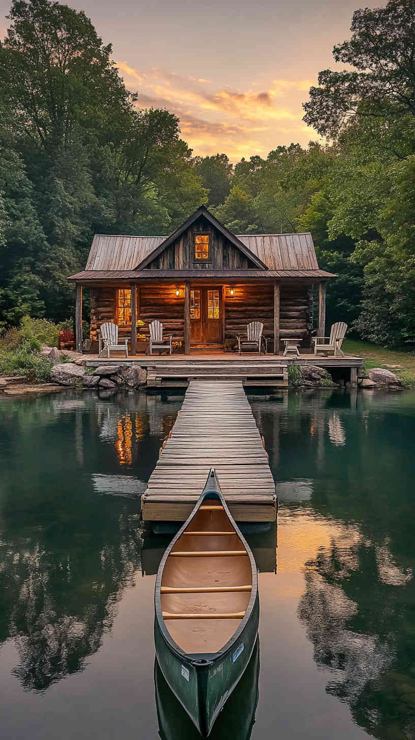 lakeside rustic cabin exterior, on the shore of a clear lake, wooden dock extending into water, canoe tied to dock, Adirondack chairs on porch facing lake, forest backdrop