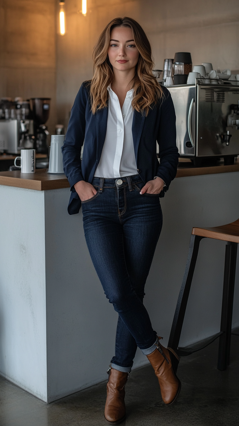 A woman standing casually in an office break room, leaning against a counter. She's wearing dark wash denim jeans, a crisp white button-down shirt, a navy blazer, and stylish ankle boots