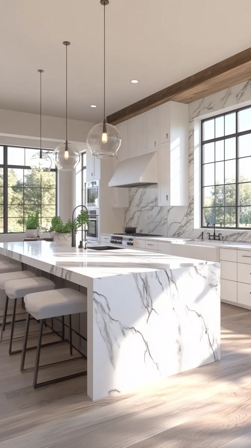 A pristine white kitchen with flat-panel cabinets, a waterfall marble island, and pendant lights hanging elegantly above.