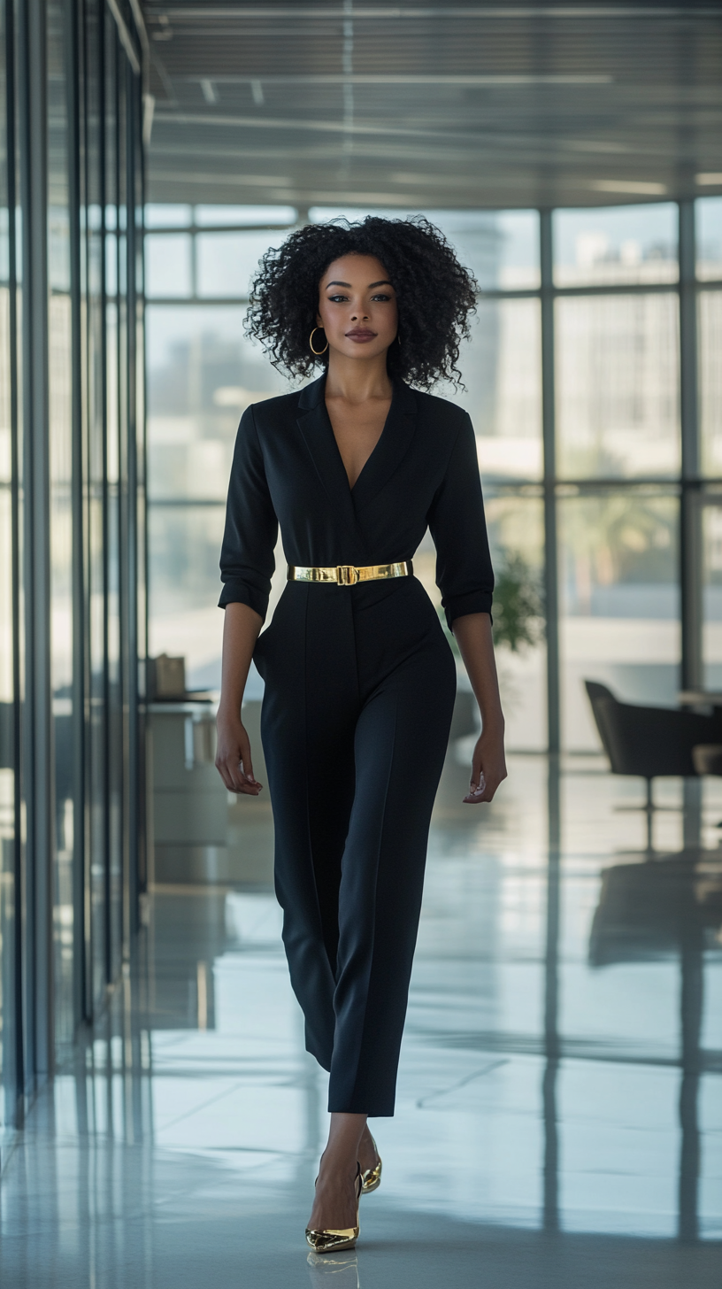 A woman confidently walking towards the camera in a modern office lobby. She's wearing a tailored black jumpsuit, a thin gold belt cinching her waist, and high heels