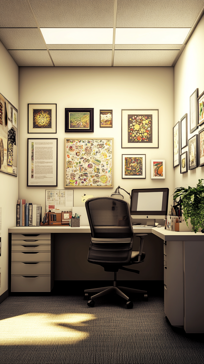 office cubicle, wall covered in art prints and framed quotes, variety of styles, visually engaging, personal touch