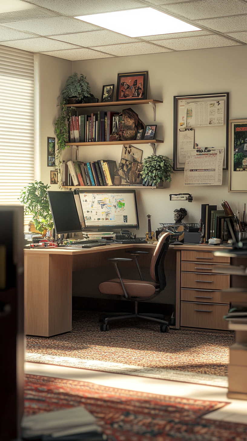 office cubicle, cubicle decorated with hobby items (e.g., books, musical instruments, craft supplies), reflecting personal interests