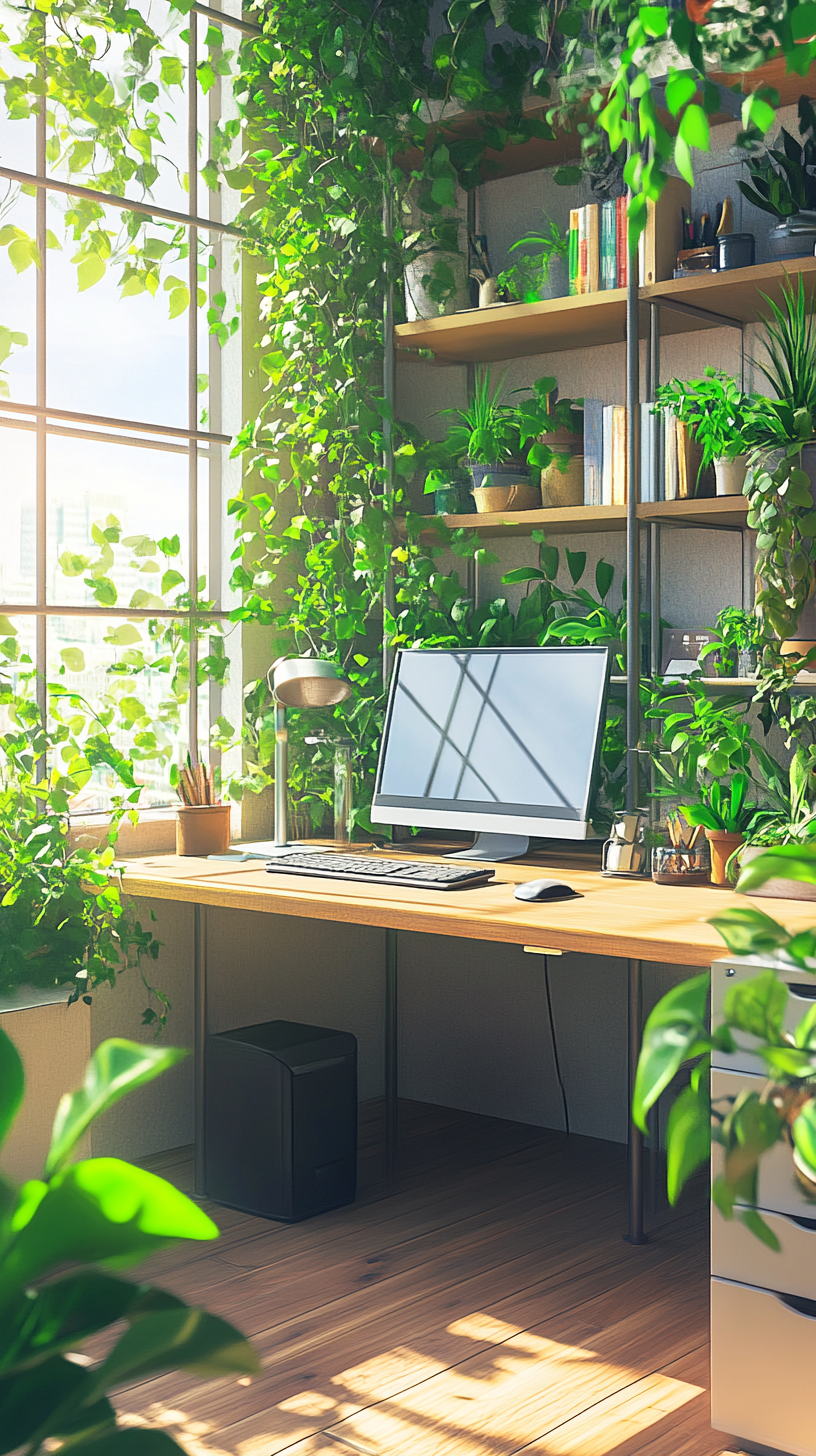 office cubicle, lush green plants overflowing from shelves and desk, natural light from window, organized desk